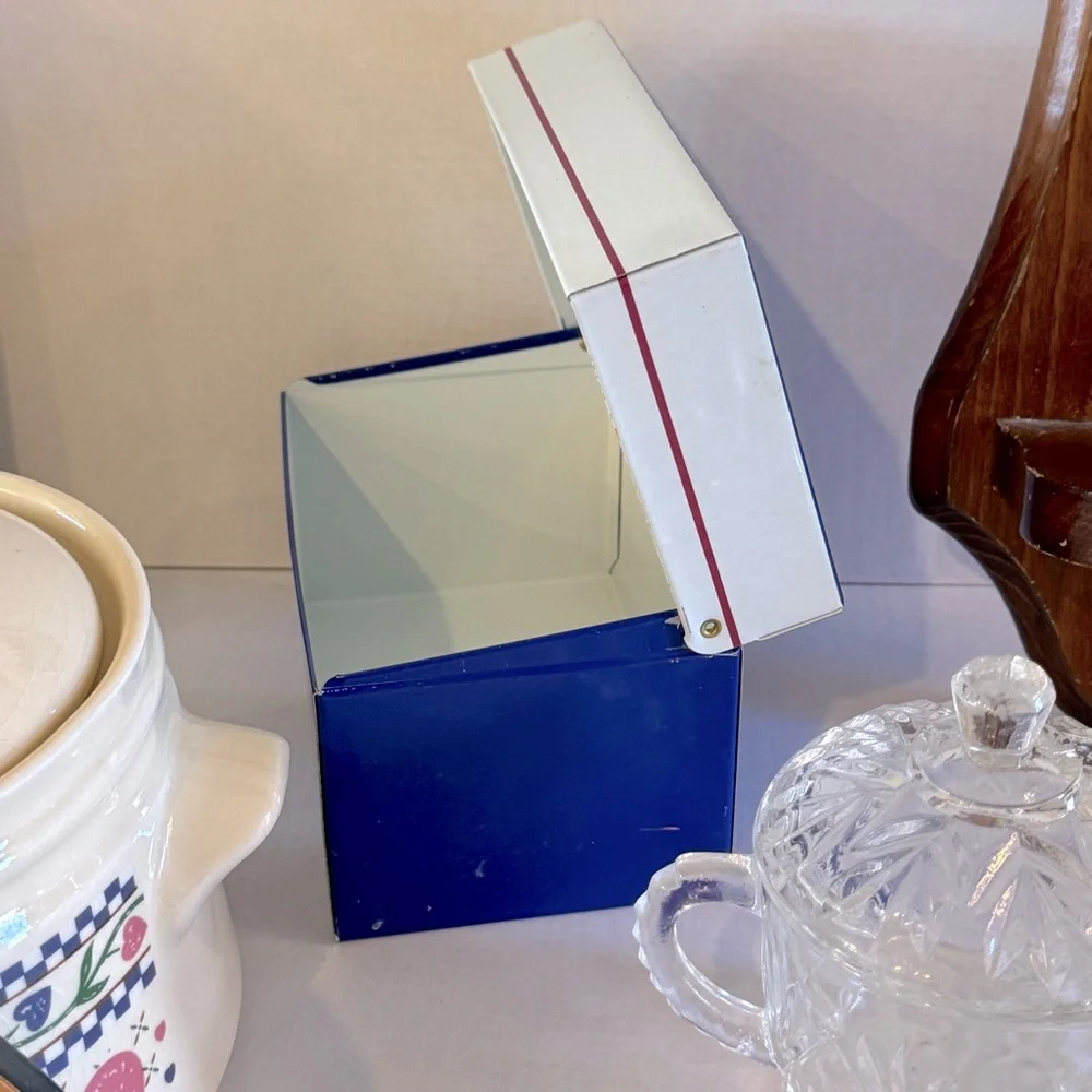Vintage Blue and White Metal Recipe Box Cambridge Kitchen Graphic Cottagecore